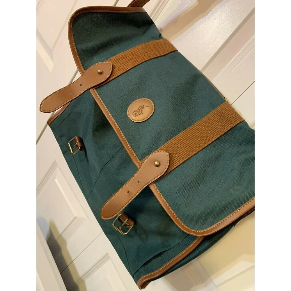 VTG Polo Ralph Lauren Canvas Courier Bag Green‎ Leather Trim Shoulder Crossbody
